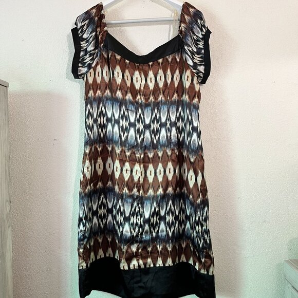 Signature By Robbie Bee Womens Size 16 Ikat Print Short Sleeve Dress Beaded Trim - Picture 4 of 11